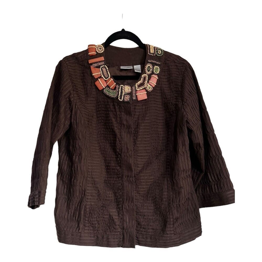 CHICOS Jacket Womens SZ 2 L Brown Pin Tuck Beaded Neckline Shacket Career Tribal